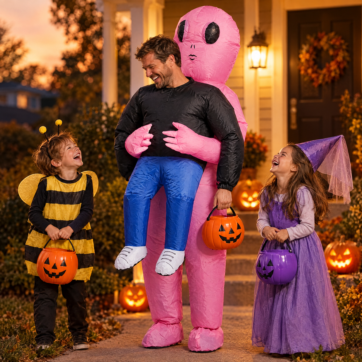 Dad trick-or-treating in the alien costume with his kids