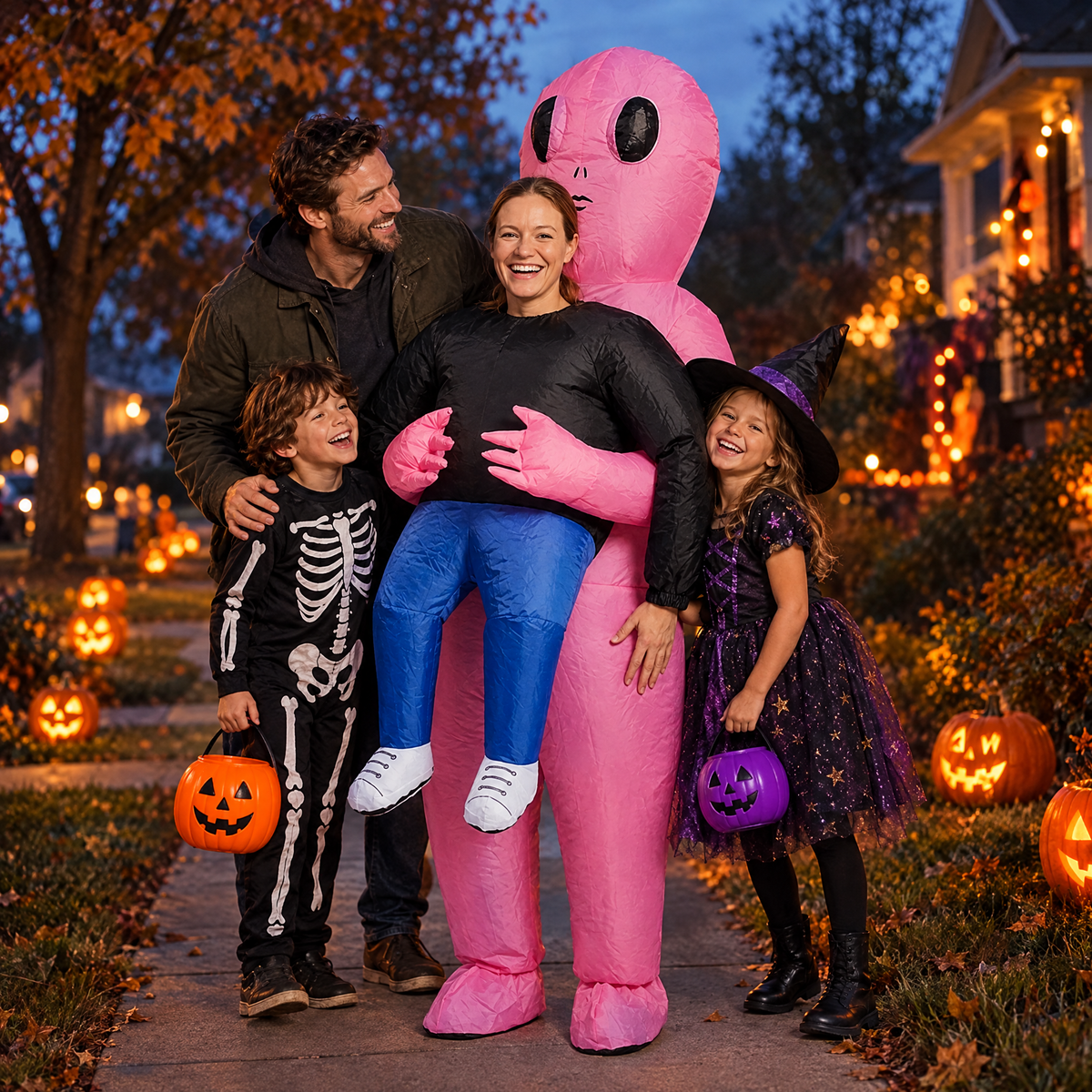 Family on Halloween night with mom in the alien costume